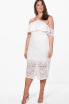 Boohoo Plus Dahlia Crochet Lace Ruffle Detail Midi Dress White