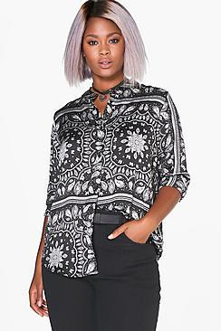 Boohoo Plus Hannah Silky Paisley Collarless Shirt