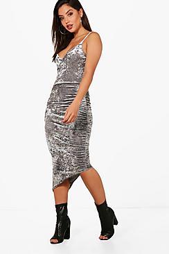 Boohoo Crushed Velvet Asymmetric Midi Dress