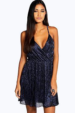 Boohoo Nicole Metallic Pleated Wrap Skater Dress