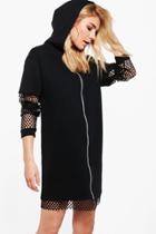 Boohoo Agneta Mesh Detail Hooded Sweat Dress Black