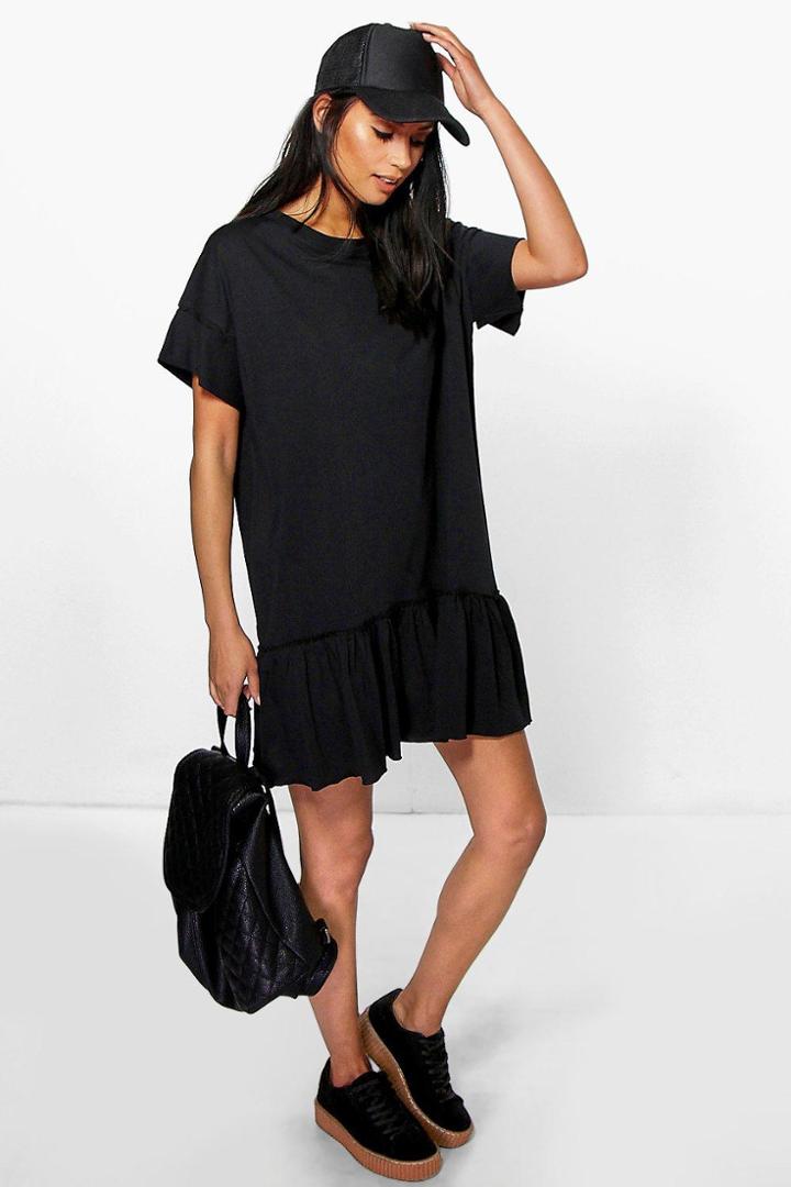 Boohoo Elyse Ruffle Hem T-shirt Dress Black