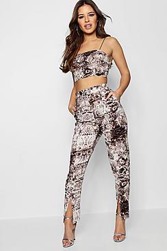 Boohoo Petite Bella Woven Snake Print Crop Trouser Co-ord