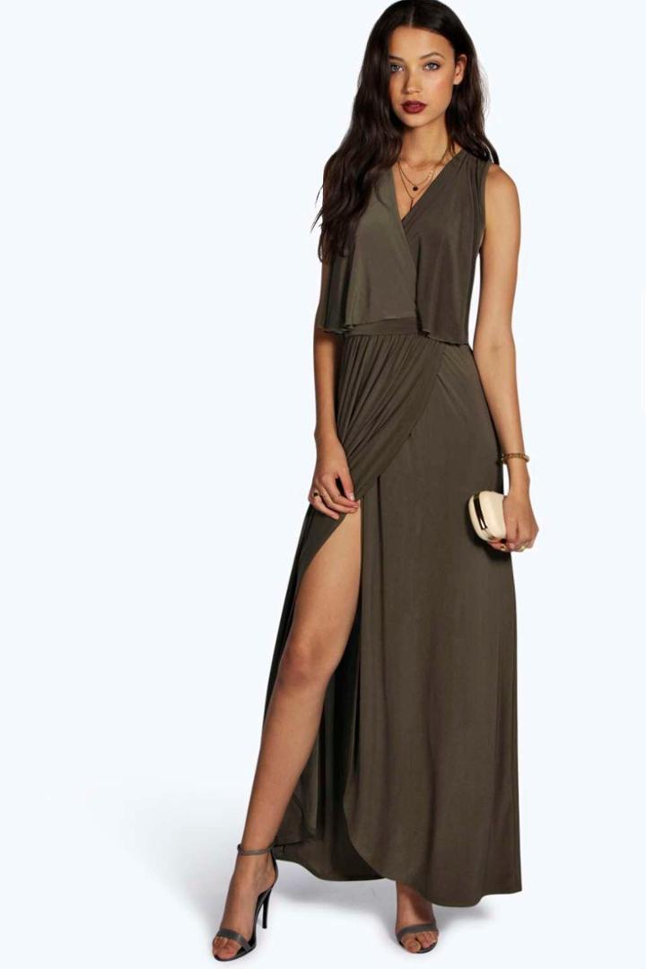 Boohoo Tall Vera Drape Wrap Over Maxi Dress Khaki