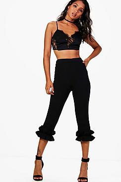 Boohoo Ruffle Ankle Crepe Skinny Trousers