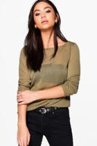 Boohoo Isla Sheer Knit Slash Neck Jumper Olive