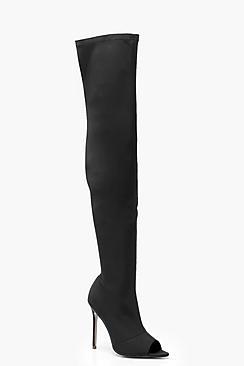 Boohoo Pointed Peeptoe Thigh High Stretch Boots