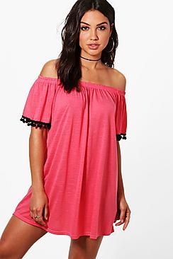 Boohoo Anya Pom Pom Bardot Beach Dress