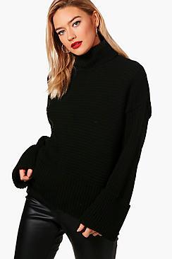 Boohoo Simone Roll Neck Rib Knit Maxi Sleeve Jumper