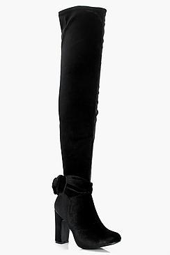 Boohoo India Bow Trim Velvet Over The Knee Boot