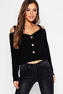 Boohoo Petite Button Front Cold Shoulder Jumper