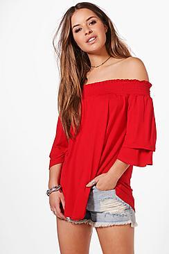 Boohoo Petite Heidi Shirred Off The Shoulder Frill Sleeve Top