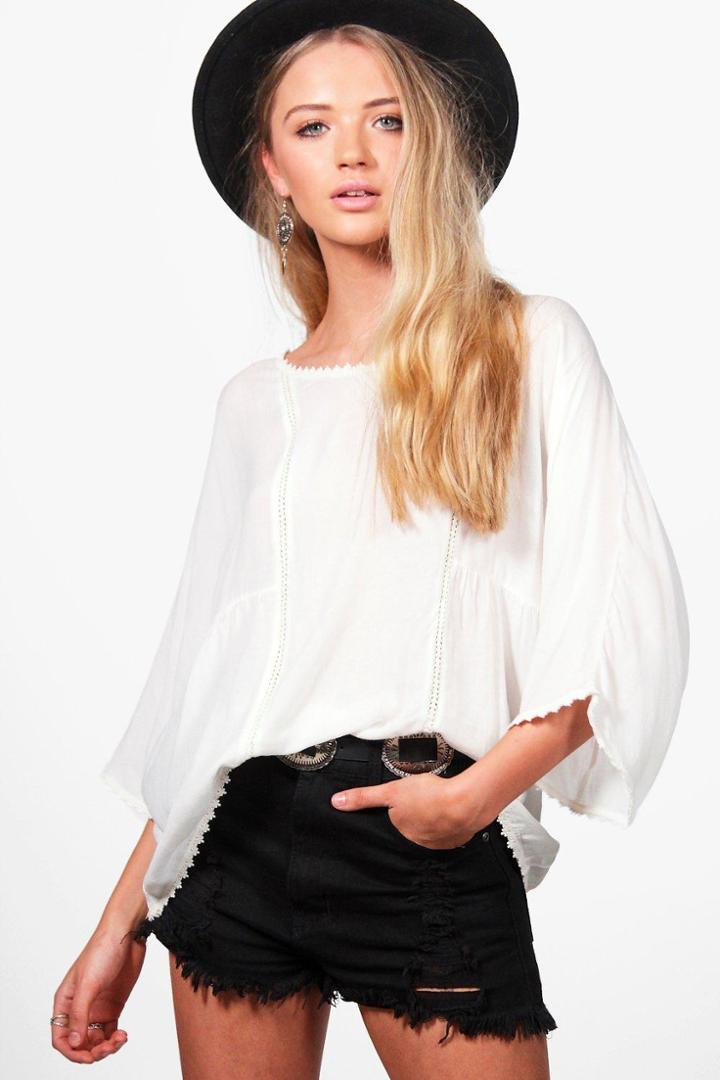 Boohoo Phoebe Flower Trim Smock Top White