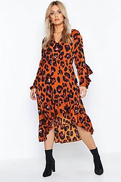 Boohoo Plus Leopard Ruffle Hem Midi Dress