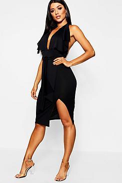 Boohoo Plunge Front Tie Waist Drape Maxi Dress