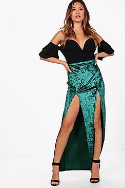 Boohoo Velvet Extreme Double Split Maxi Skirt