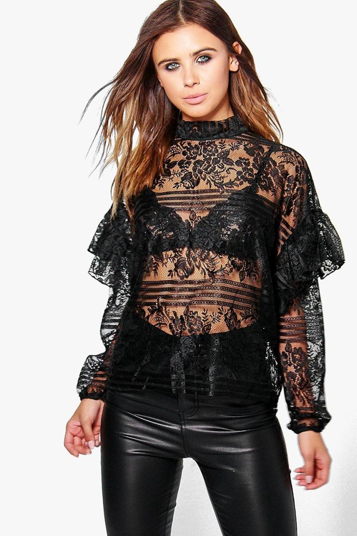 Boohoo Petite Honey All Over Lace Ruffle Sleeve Blouse Black
