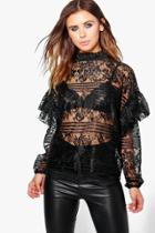 Boohoo Petite Honey All Over Lace Ruffle Sleeve Blouse Black