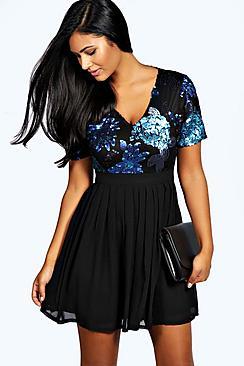 Boohoo Catherine Sequin Top Skater Dress