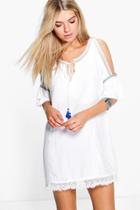 Boohoo Uma Cold Shoulder Embroidered Trim Dress White