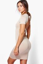 Boohoo Petite Roisin Cross Backless T-shirt Dress Stone