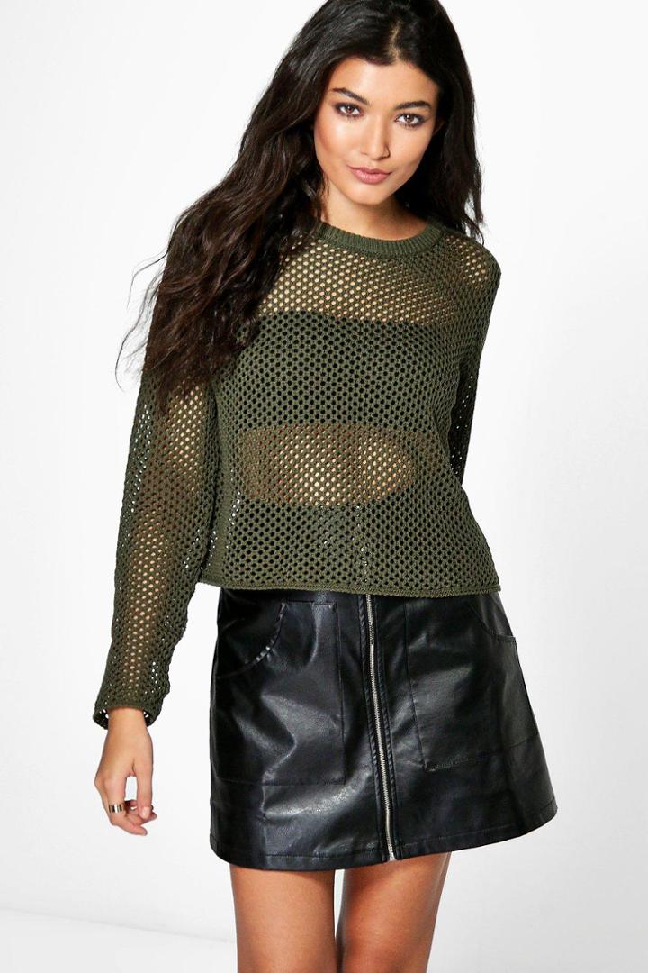 Boohoo Alice Mesh Jumper Olive
