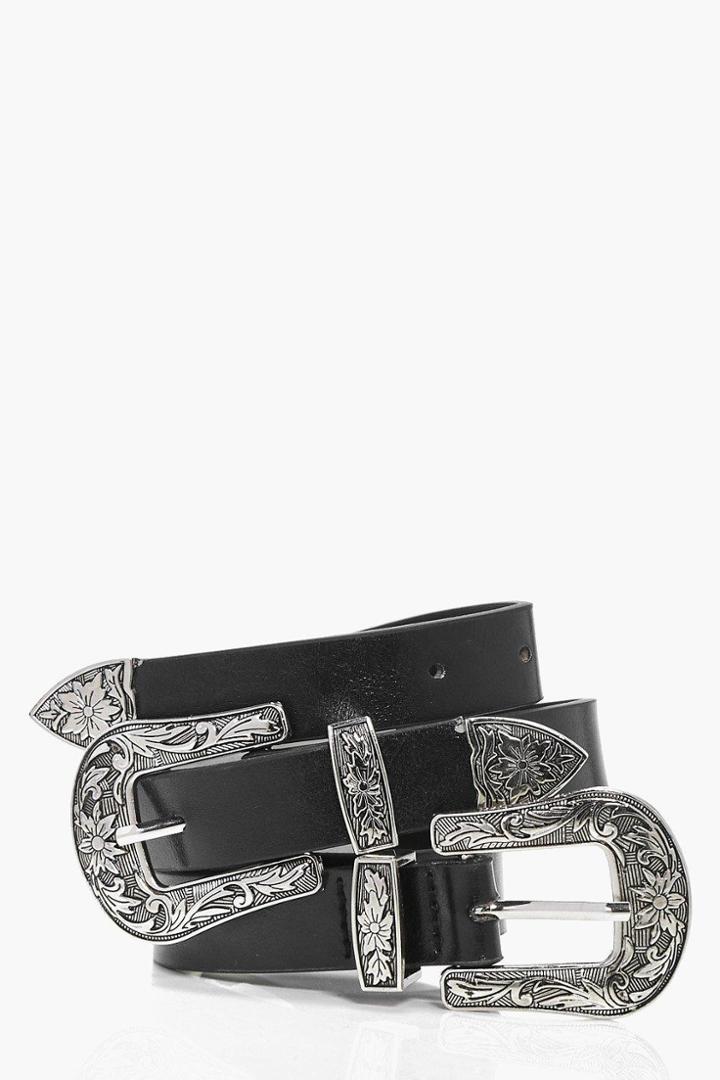 Boohoo Lauren Floral Western Double Buckle Belt Black