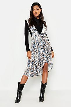 Boohoo Python Plunge Front Ruffle Pinafore Dress