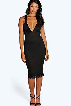 Boohoo Zana Crochet Trim Detail Plunge Midi Bodycon Dress