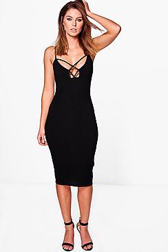 Boohoo Lulu Ribbed Strappy Midi Bodycon Dress