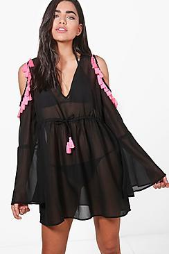 Boohoo Isla Tassel Cold Shoulder Beach Dress