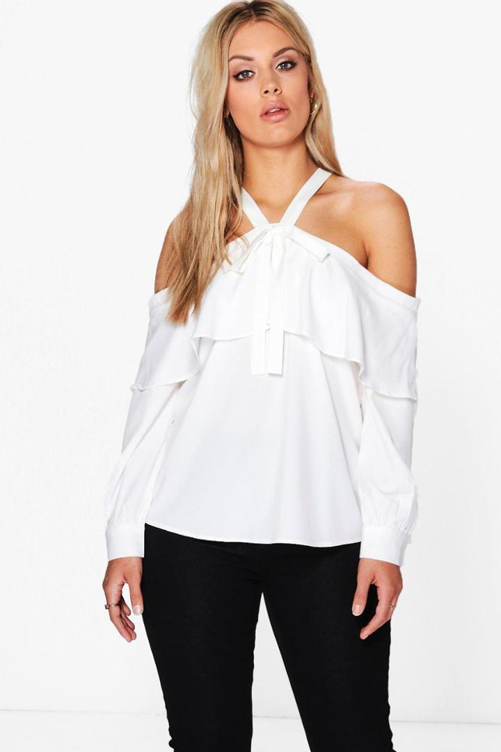 Boohoo Plus Sara Ruffle Off The Shoulder Woven Blouse White