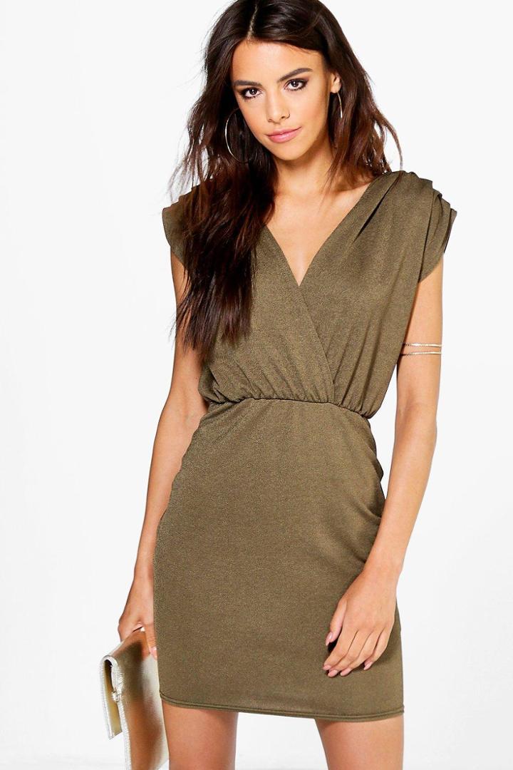 Boohoo Anne Crepe Wrap Over Bodycon Dress Khaki