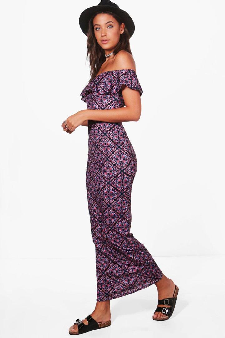 Boohoo Tall Anna Printed Off The Shoulder Maxi Dress Pink