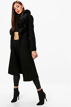 Boohoo Leanne Detachable Faux Fur Collar Wool Look Coat