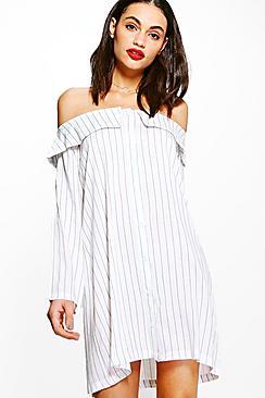 Boohoo Cameron Stripe Off Shoulder Shirt Dress