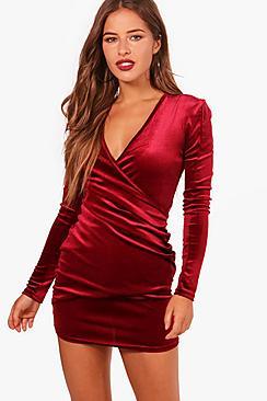 Boohoo Petite Tilly Velvet Wrap Front Long Sleeve Dress