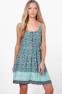 Boohoo Ginny Printed Zip Detail Skater Dress