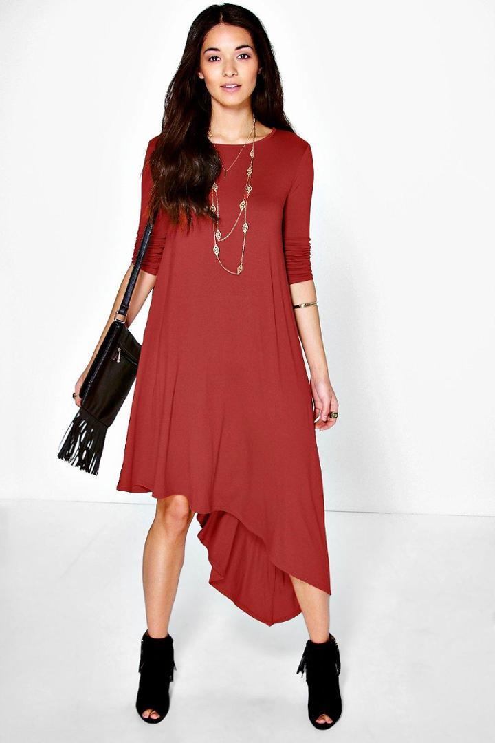 Boohoo Emily Drape Asymmetric Dress Chestnut