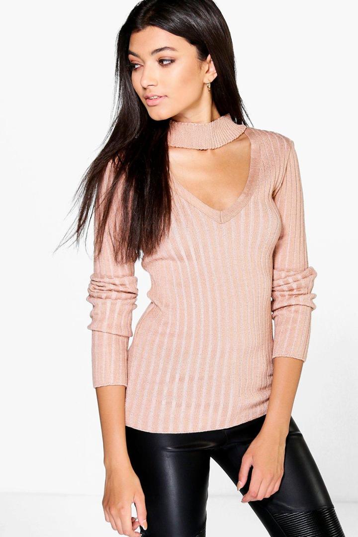 Boohoo Lily Rib Knit Choker Jumper Blush