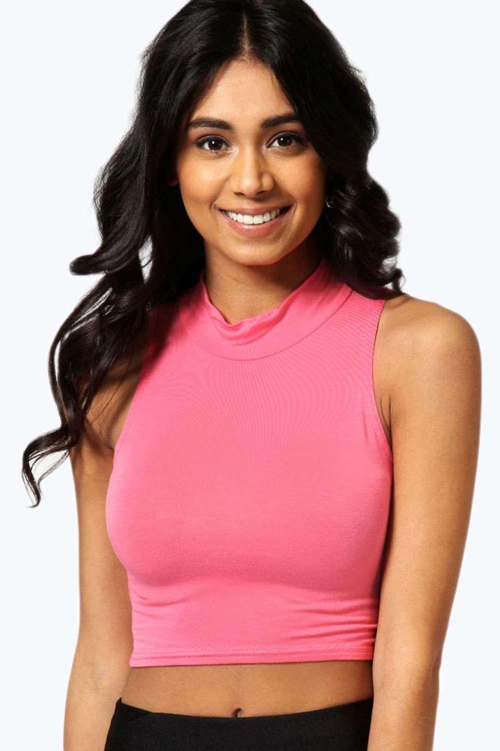 Boohoo Victoria Roll Neck Sleeveless Crop Top Coral