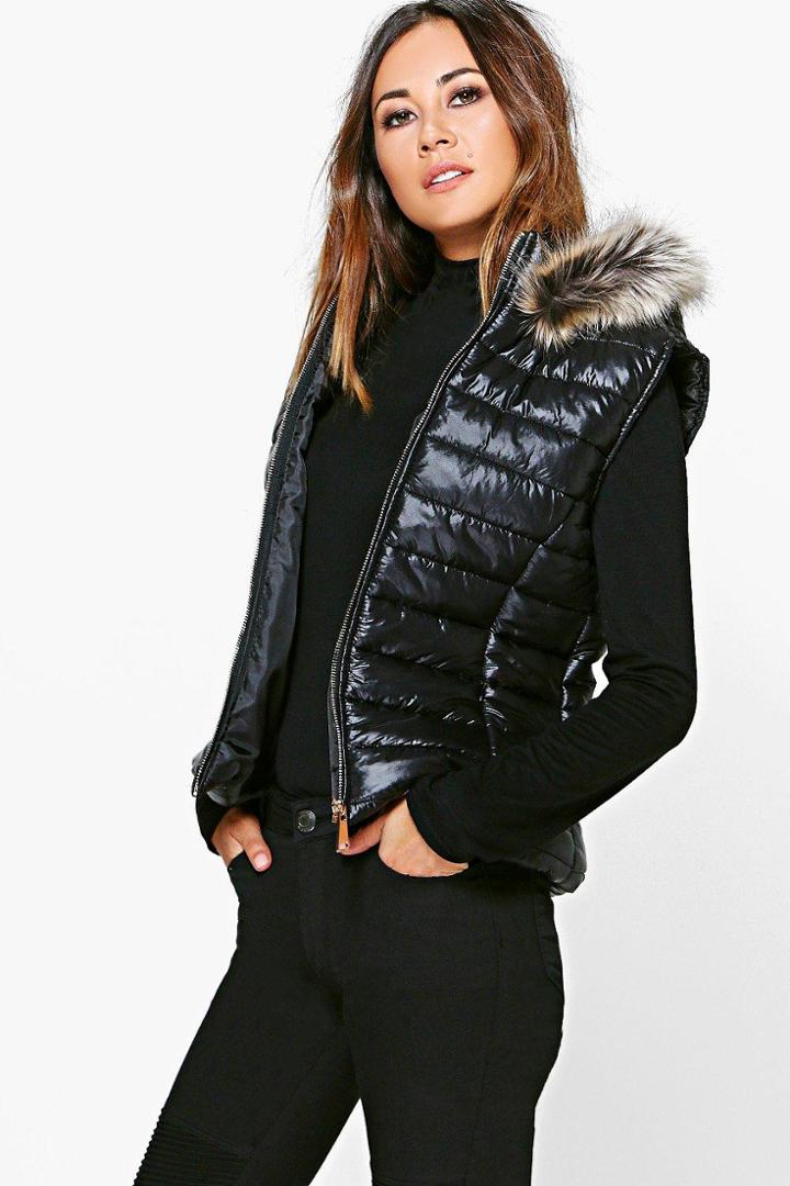 Boohoo Freya Faux Fur Hood Gilet Black