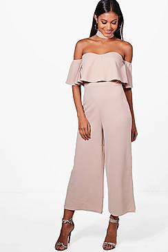 Boohoo Ava Off The Shoulder Ruffle Culotte Jumpsuit