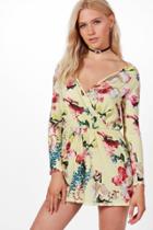 Boohoo Sophie Floral Wrap Playsuit Yellow