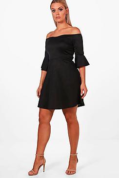 Boohoo Plus Off The Shoulder Ruffle Skater Dress