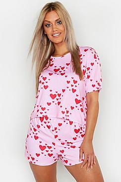 Boohoo Plus Heart Print Short Lounge Set