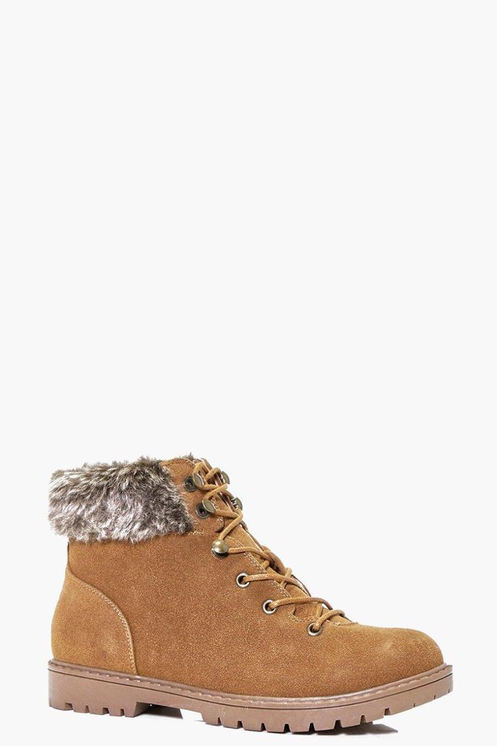 Boohoo Maisie Faux Fur Ankle Hiker Boot Tan