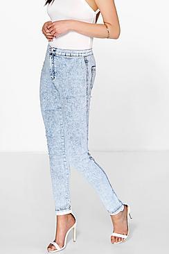 Boohoo Lara High Rise Acid Wash Knee Slits Skinny Jeans