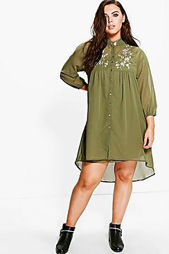 Boohoo Plus Heather Embroidered Shirt Dress