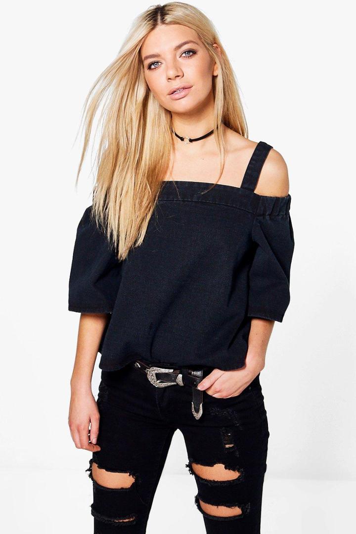 Boohoo Maisie Off The Shoulder Strappy Denim Top Black